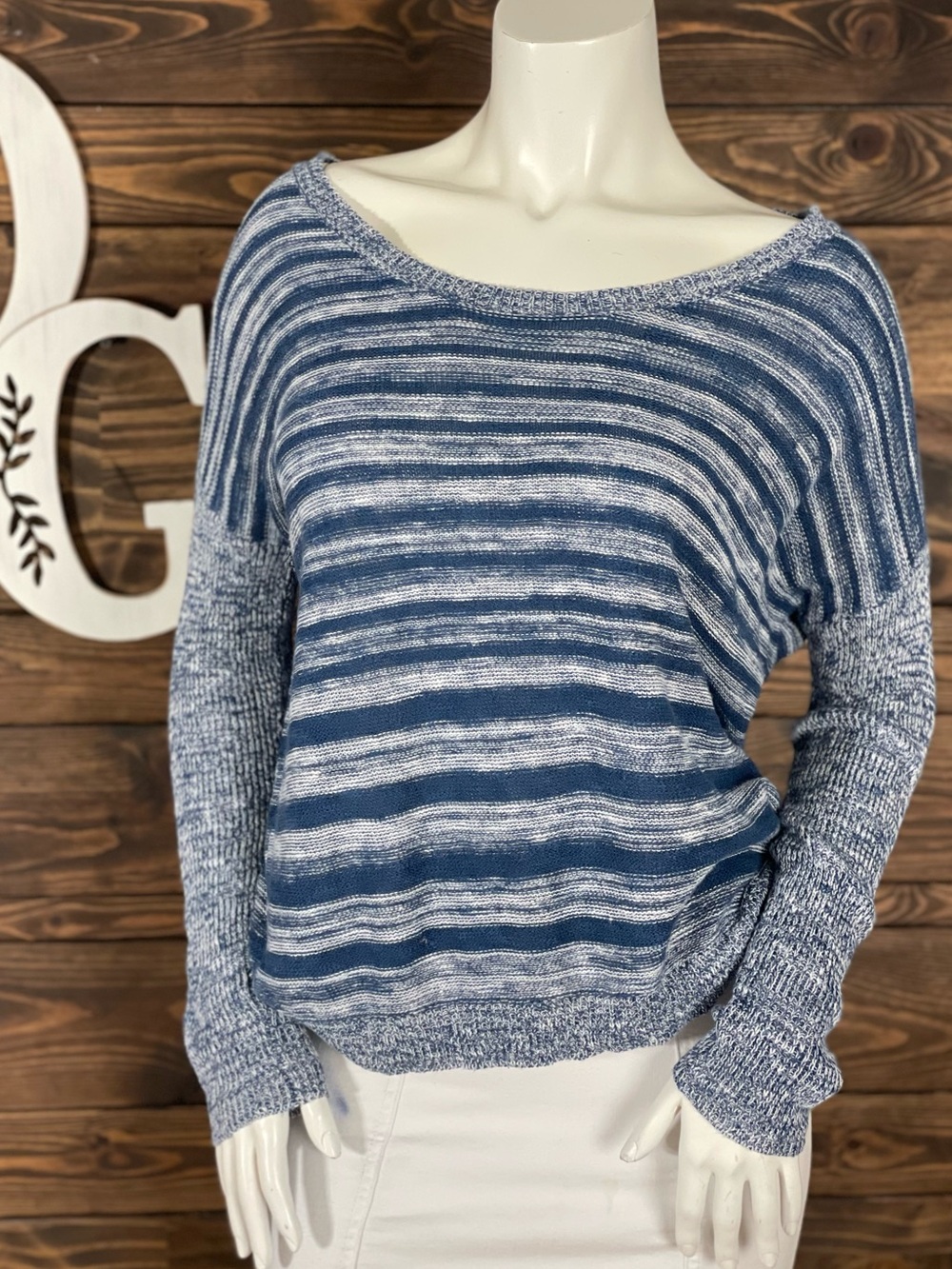 Eileen Fisher Wide Scoop Neck‎ Blue Marl Knit Striped Lightweight Sweater Raglan
